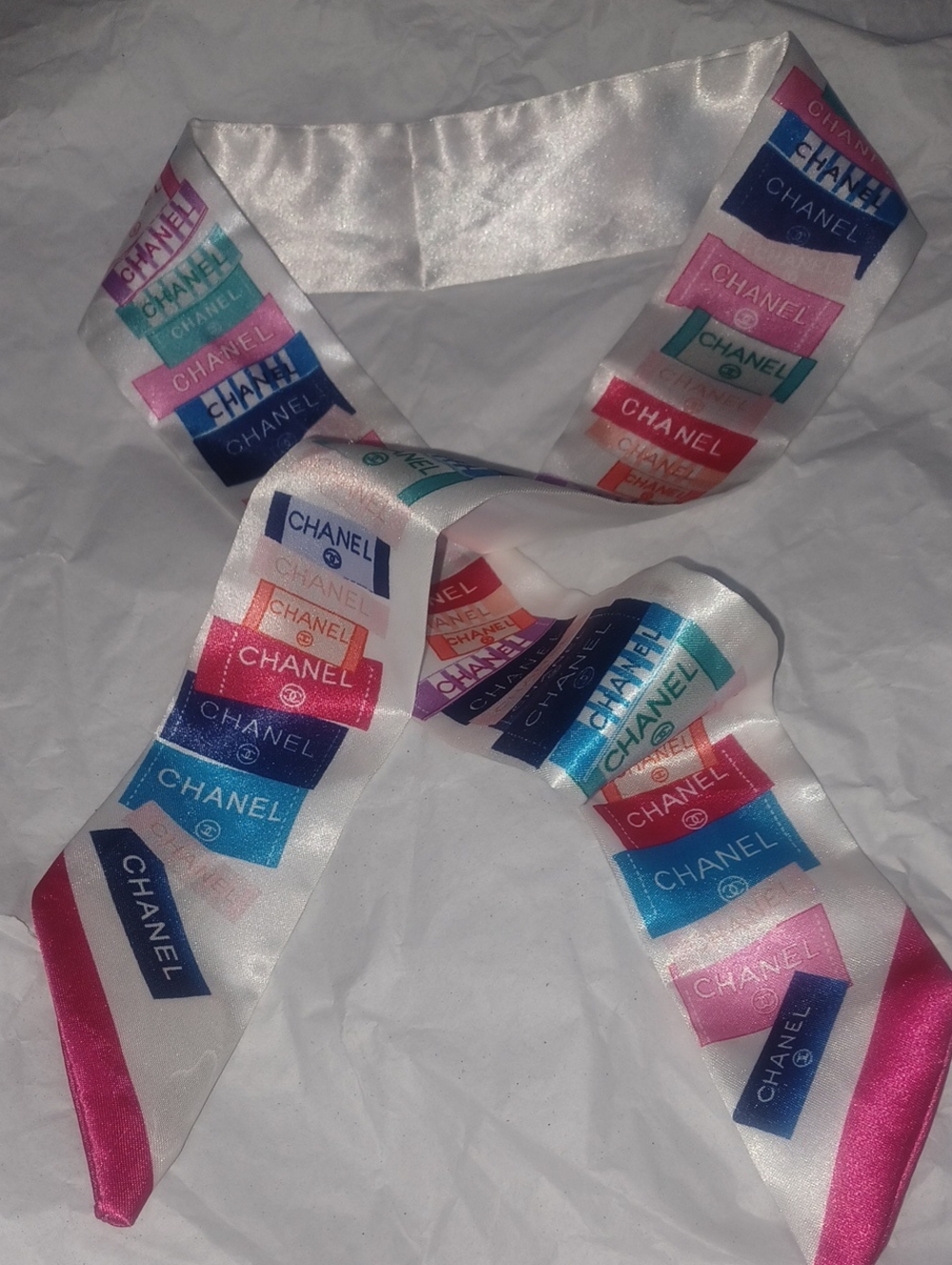 Fashion Inspired White Silk Logo Ribbon Twilly with Multicolor Accents